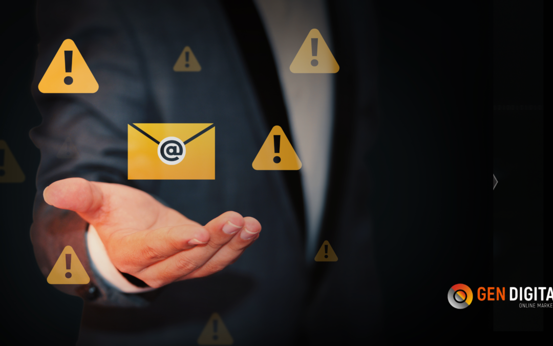 Mano sosteniendo ícono de email con señales de advertencia, representando errores en estrategias de marketing digital.