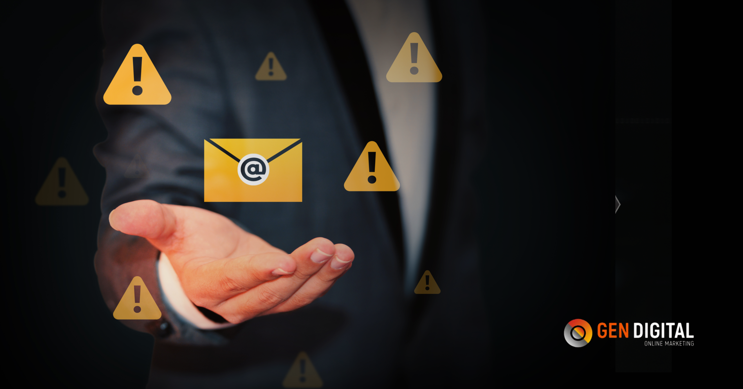 Mano sosteniendo ícono de email con señales de advertencia, representando errores en estrategias de marketing digital.