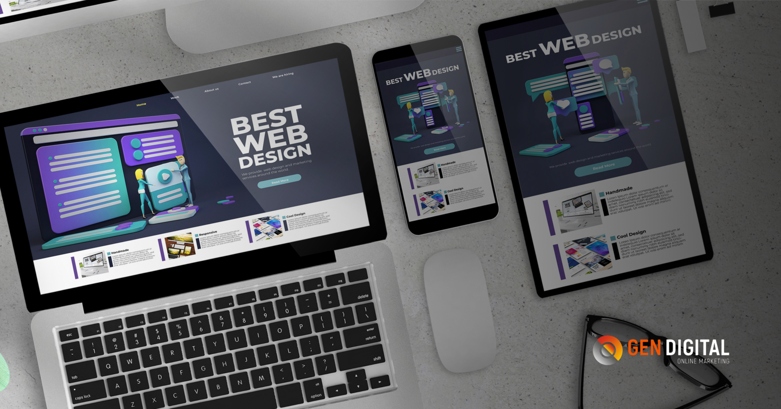 Diseño web responsive mostrado en computador, tablet y smartphone destacando una estructura clara y optimizada para conversión.