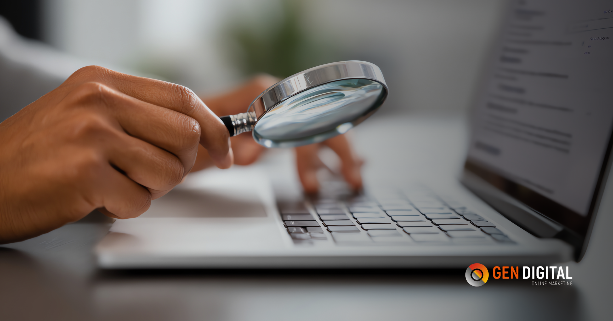 Persona utilizando una lupa sobre una laptop analizando datos, representando una auditoría SEO.