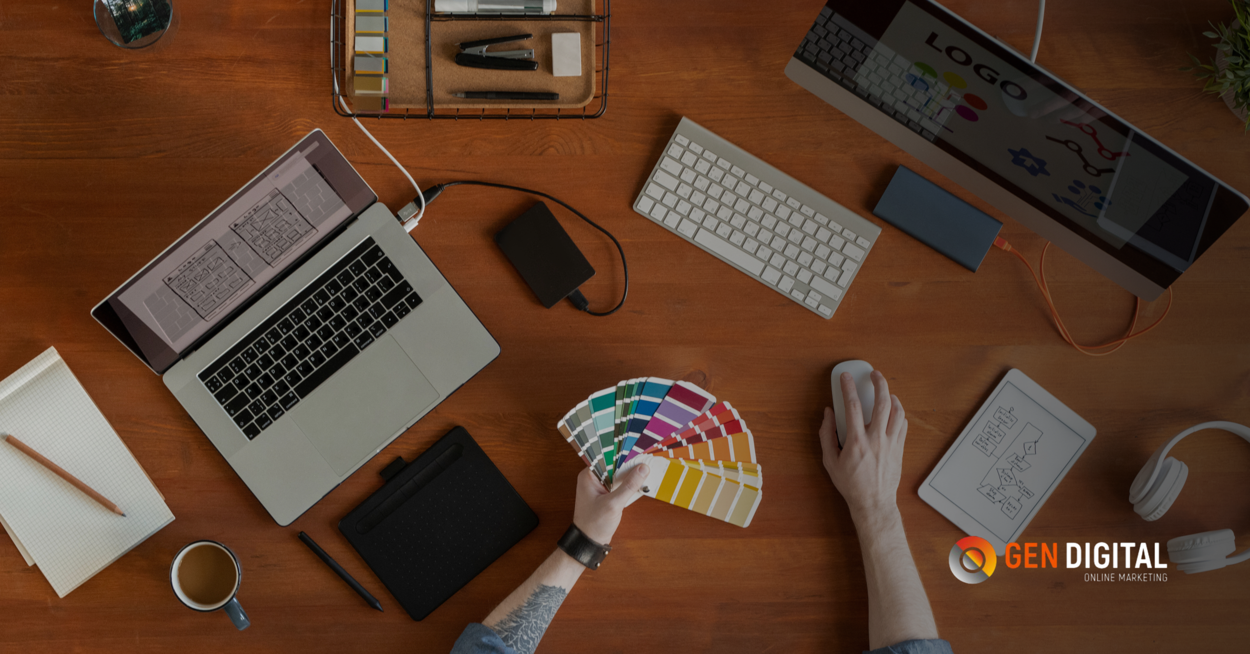 Vista superior de escritorio con laptop, monitor, tablet, teclado y una persona sosteniendo una guía de colores para branding.