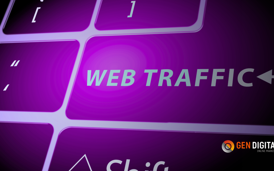 Teclado digital en color morado con la frase “WEB TRAFFIC” resaltada, representando el tráfico web y su impacto en sitios digitales.