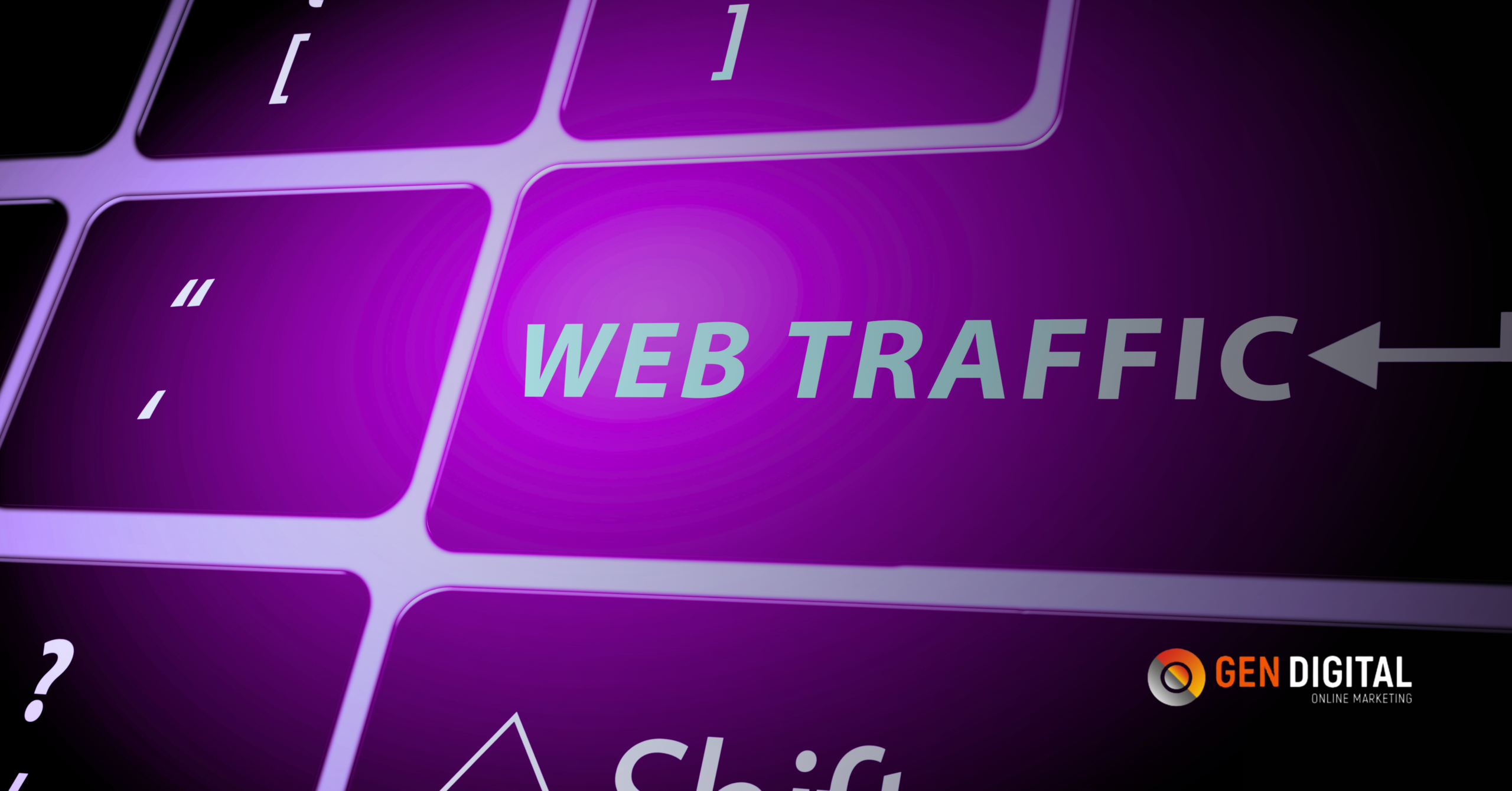Teclado digital en color morado con la frase “WEB TRAFFIC” resaltada, representando el tráfico web y su impacto en sitios digitales.