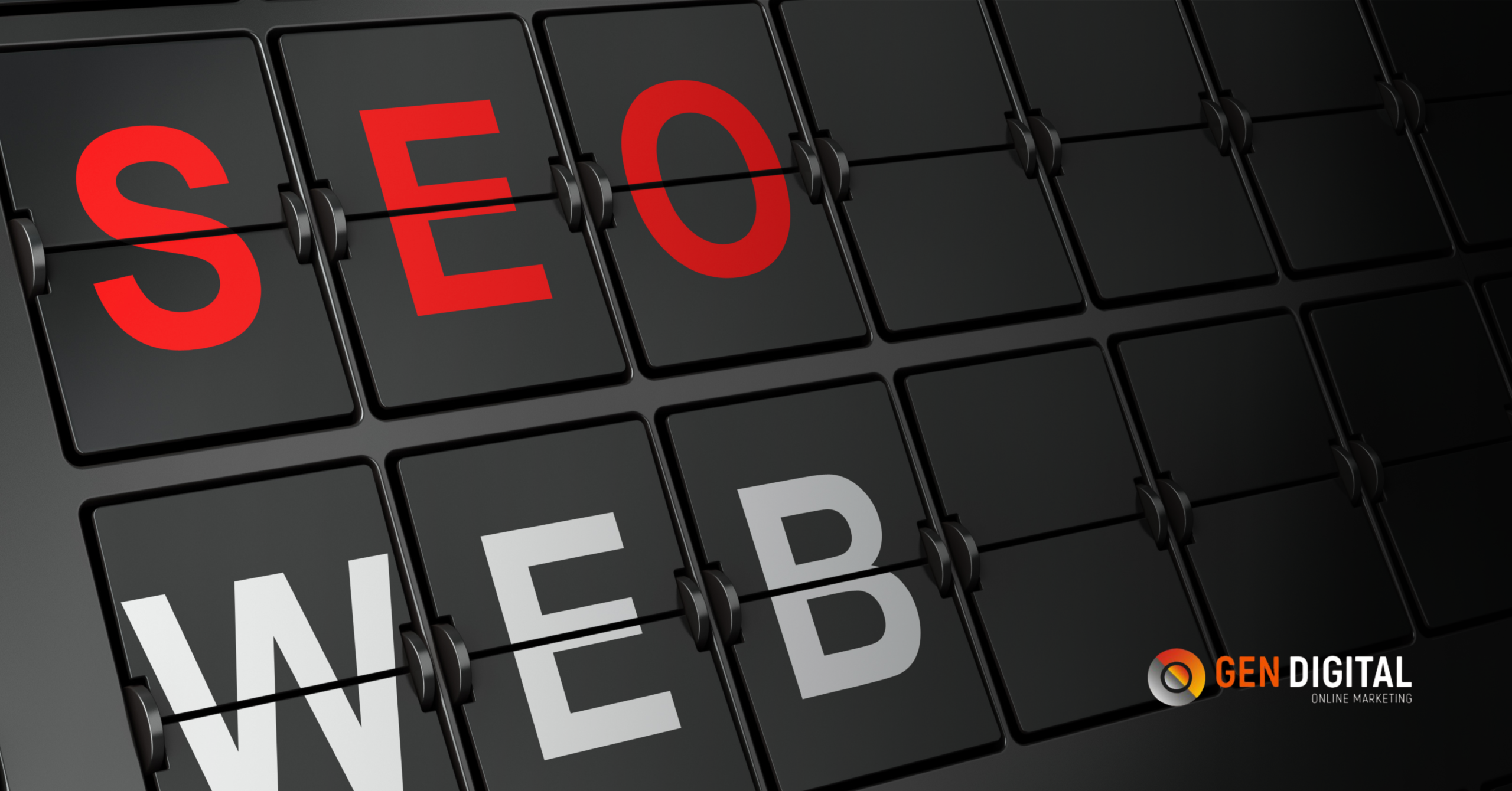 Panel digital con las palabras “SEO” y “WEB” resaltadas, representando la relación entre posicionamiento y desarrollo web.