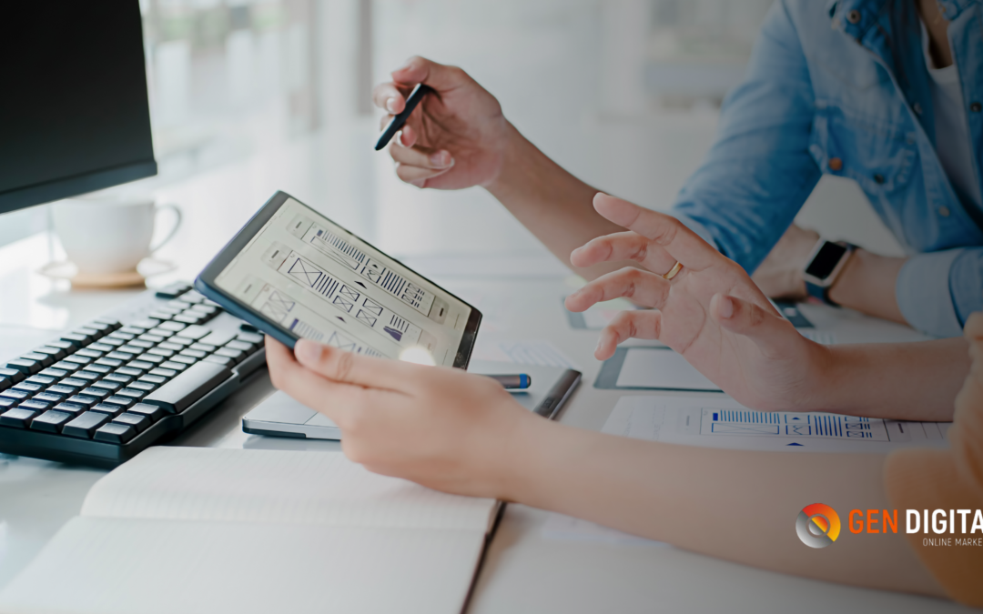 Diseñadores analizando interfaz web en tablet durante proceso de diseño UX en oficina