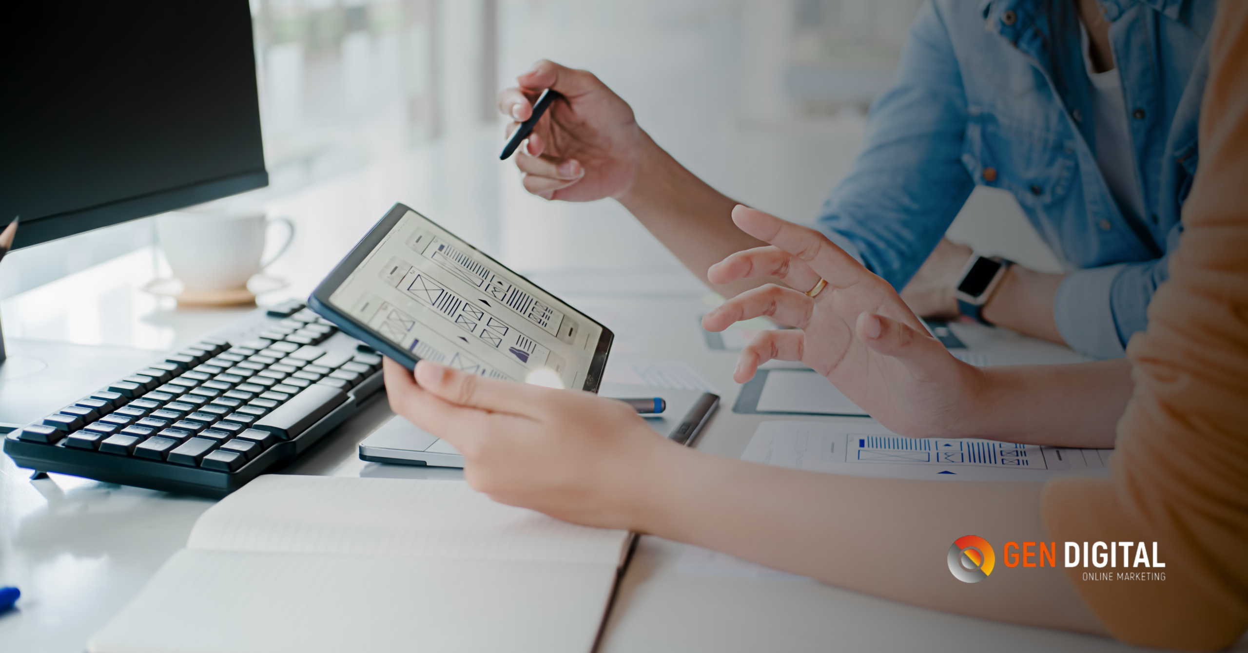 Diseñadores analizando interfaz web en tablet durante proceso de diseño UX en oficina