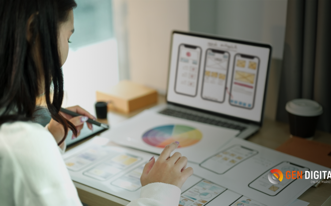 Diseñadora revisando prototipos de una app en laptop y tablet mientras analiza paleta de colores para mejorar la experiencia de usuario.