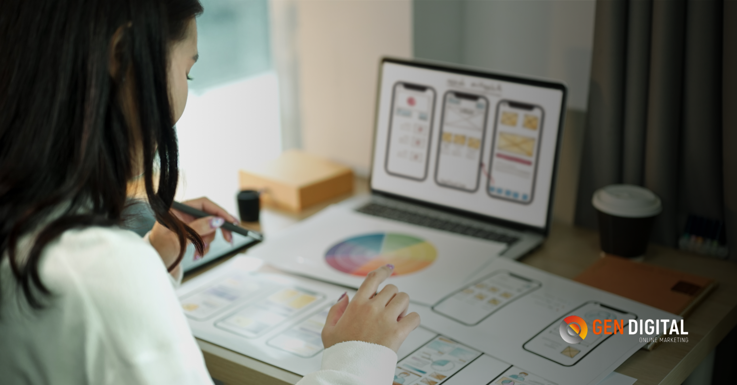 Diseñadora revisando prototipos de una app en laptop y tablet mientras analiza paleta de colores para mejorar la experiencia de usuario.