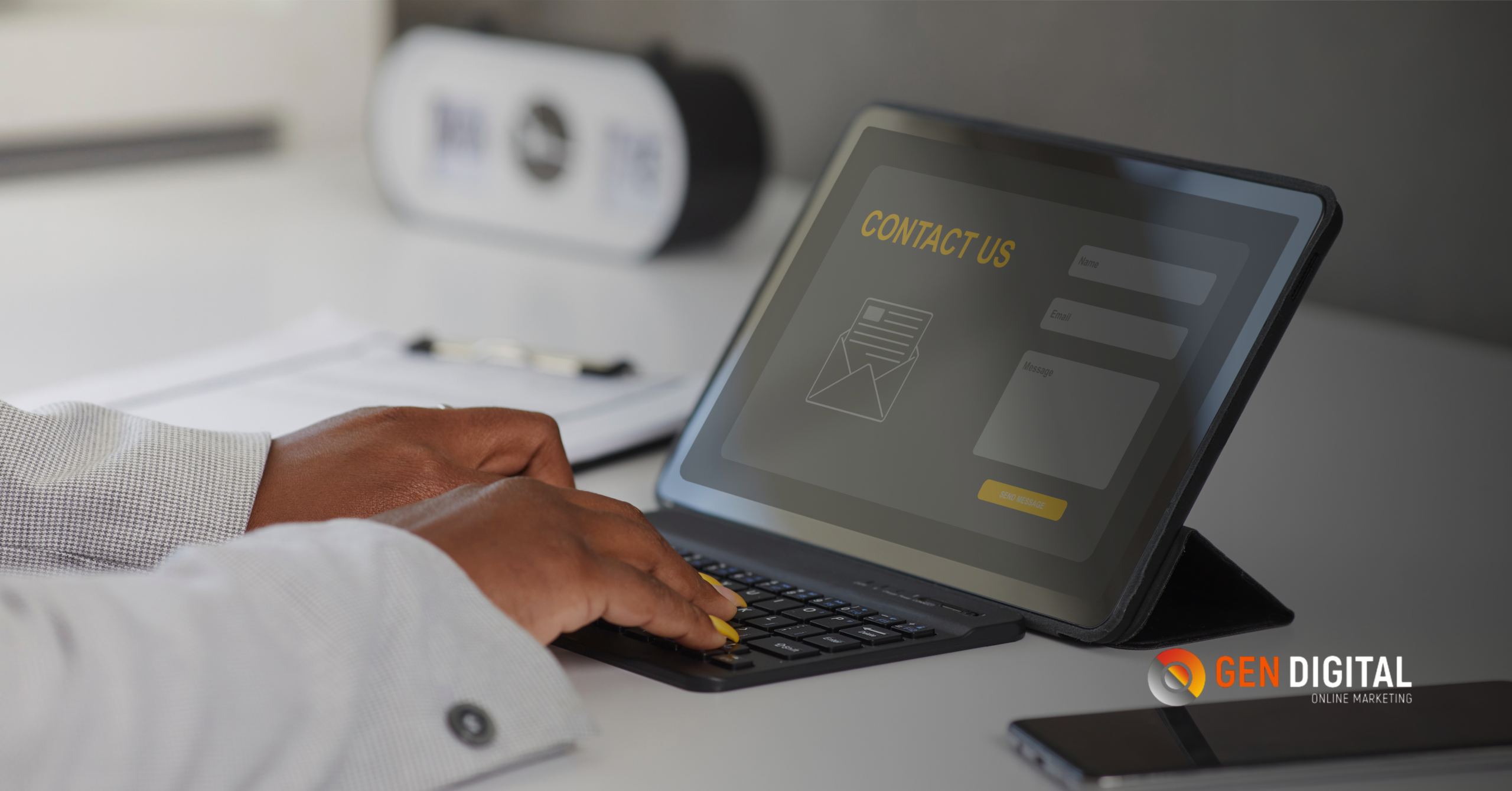 Persona escribiendo en una tablet con teclado mientras completa un formulario de contacto en una landing page.
