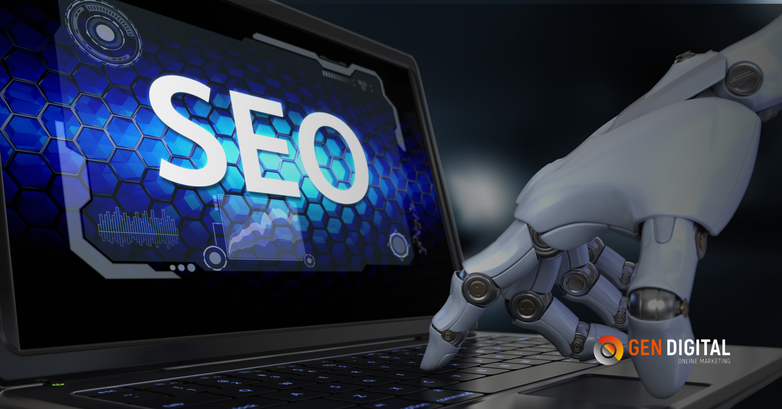 Brazo robótico interactuando con laptop mostrando SEO en pantalla digital