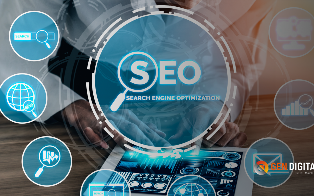 Interfaz digital de SEO técnico con métricas y análisis en pantalla