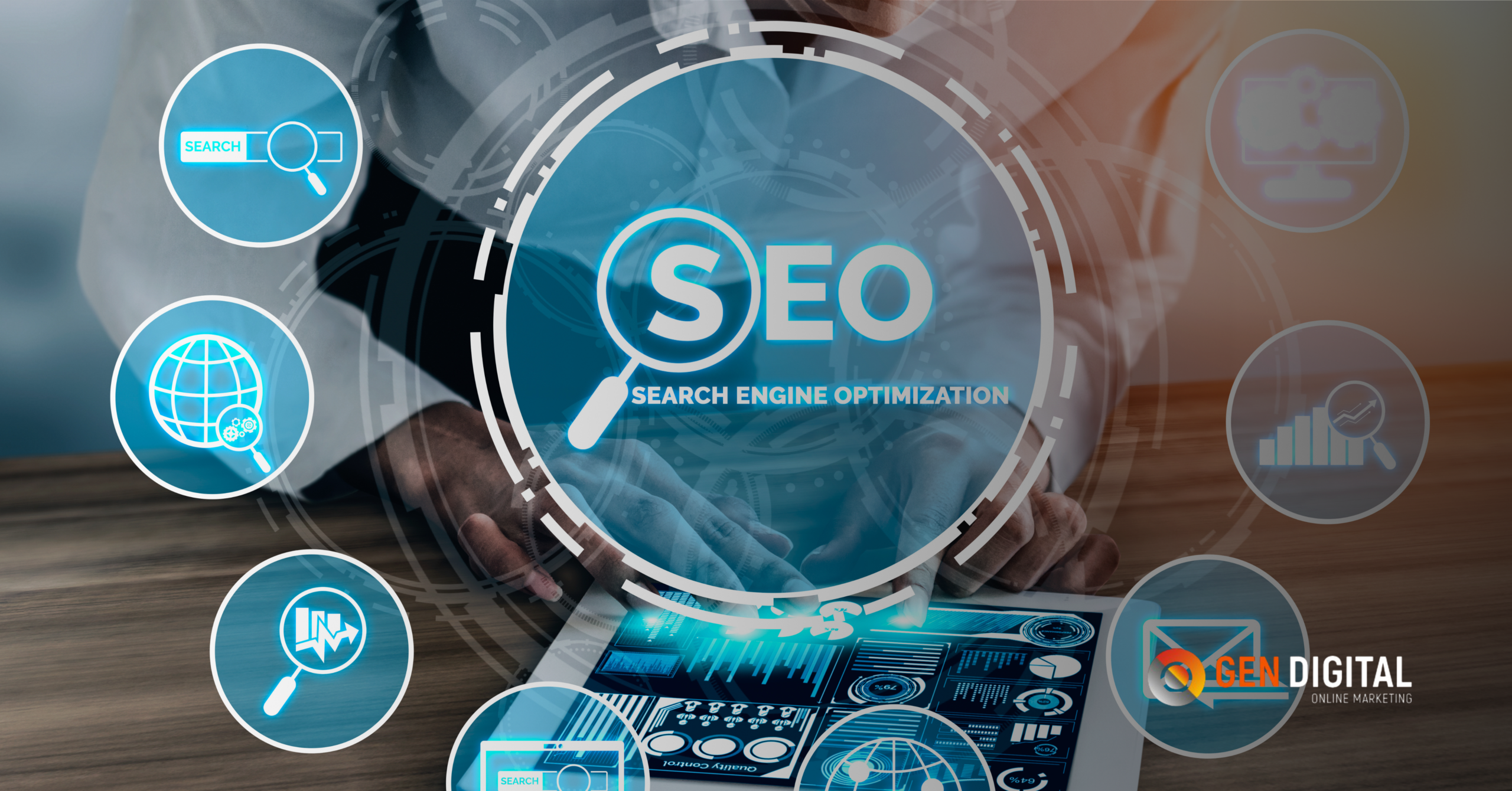 Interfaz digital de SEO técnico con métricas y análisis en pantalla