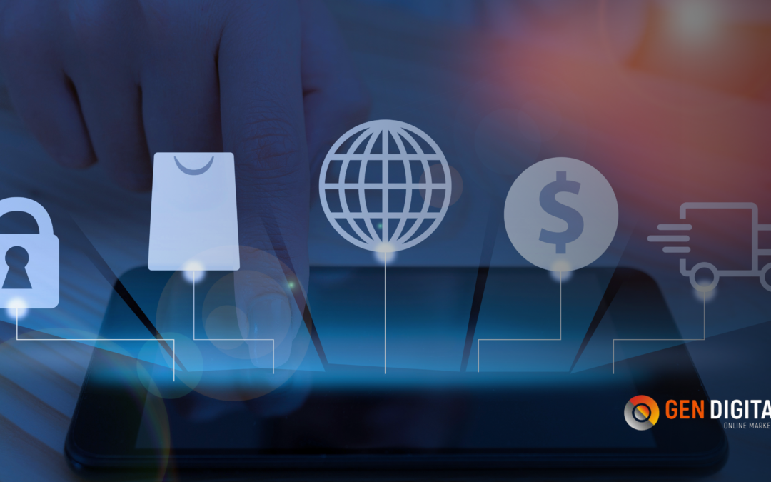 Usuario navegando en tablet con iconos de ecommerce, pagos y envíos, representando tráfico web sin estrategia de conversión.