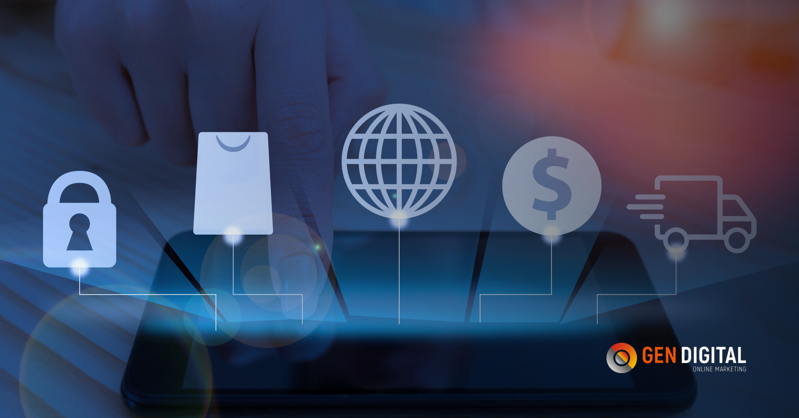 Usuario navegando en tablet con iconos de ecommerce, pagos y envíos, representando tráfico web sin estrategia de conversión.