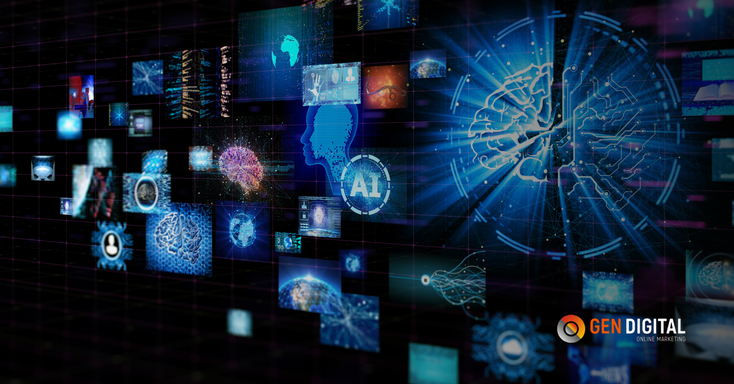 Visualización de ecosistema digital con inteligencia artificial, datos y múltiples canales interconectados