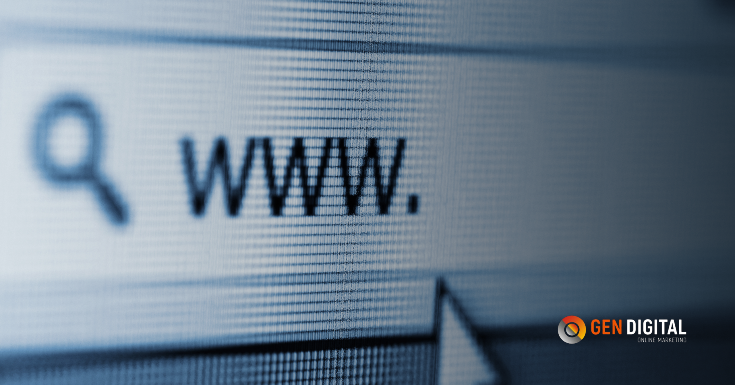 Pantalla con barra de búsqueda mostrando “www”, representando el inicio de búsquedas de marca en internet.