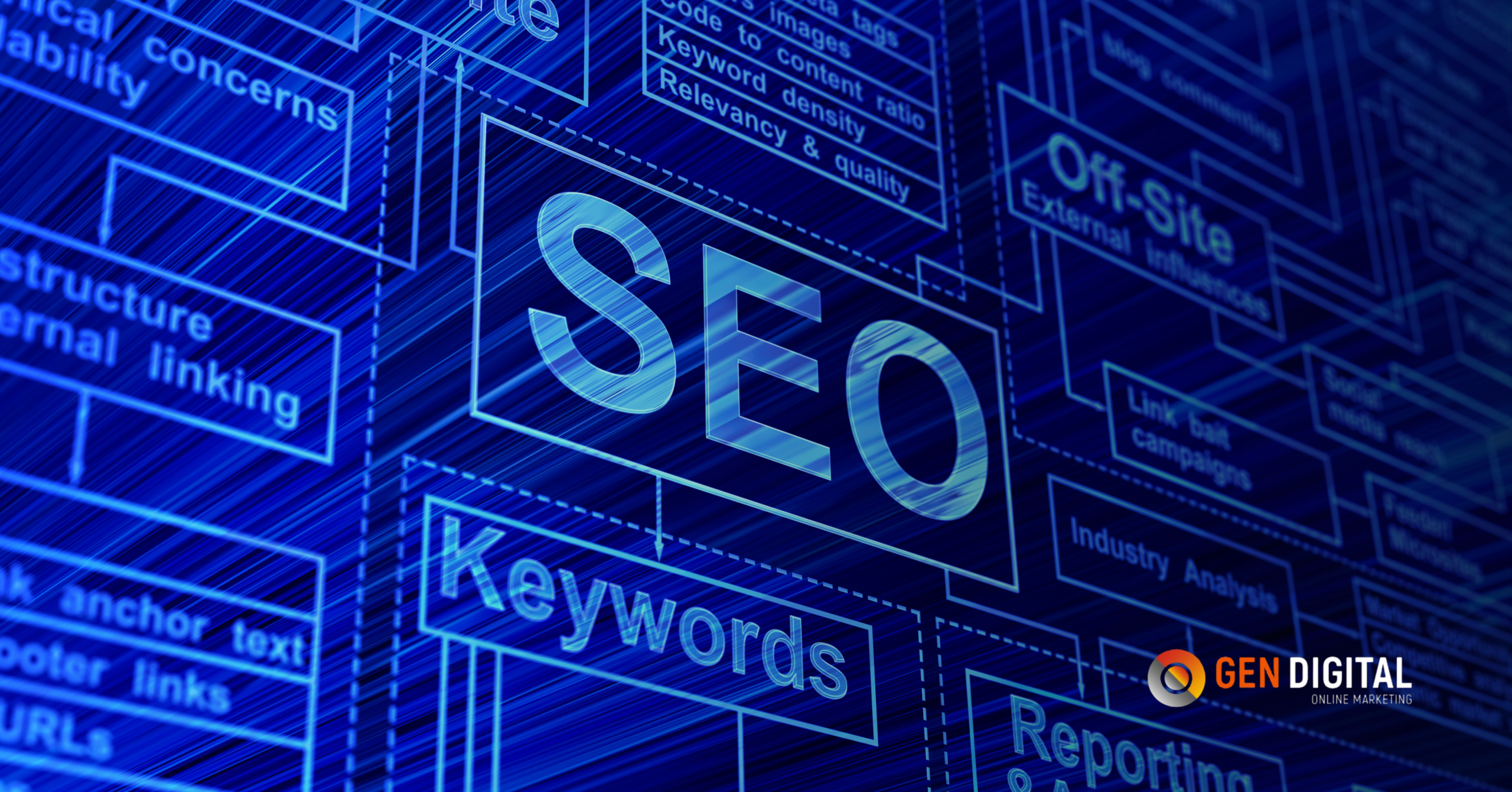 Ilustración digital con la palabra SEO en el centro rodeada de diagramas sobre keywords, link building, análisis y estrategias de marketing digital