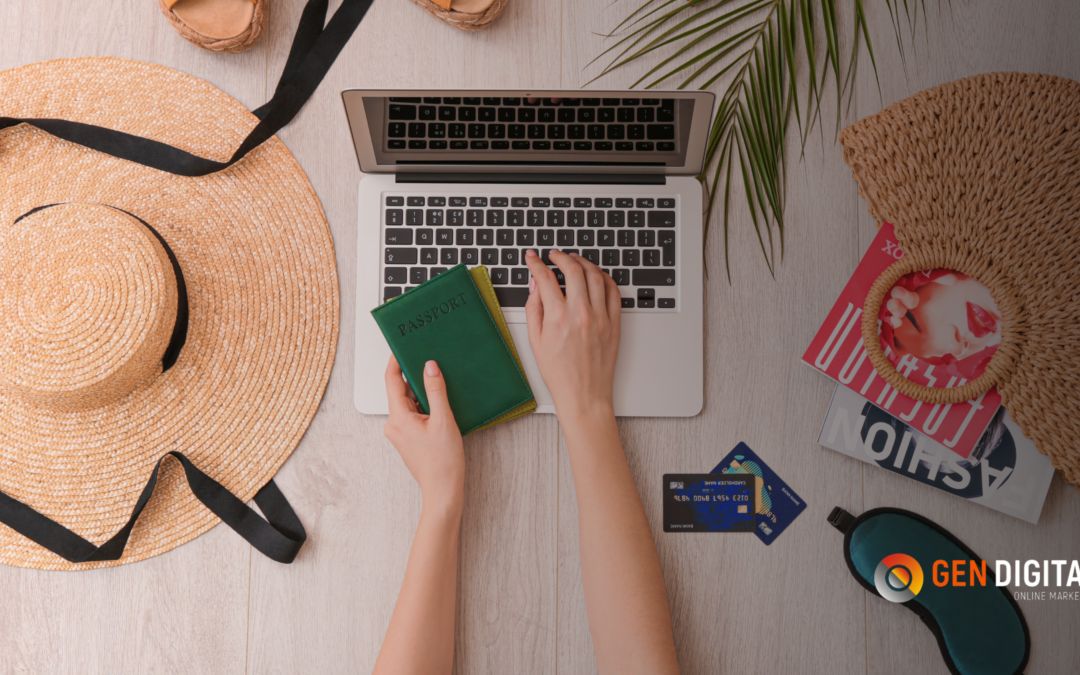 Persona organizando viaje con laptop, pasaporte y tarjetas mientras navega en una web