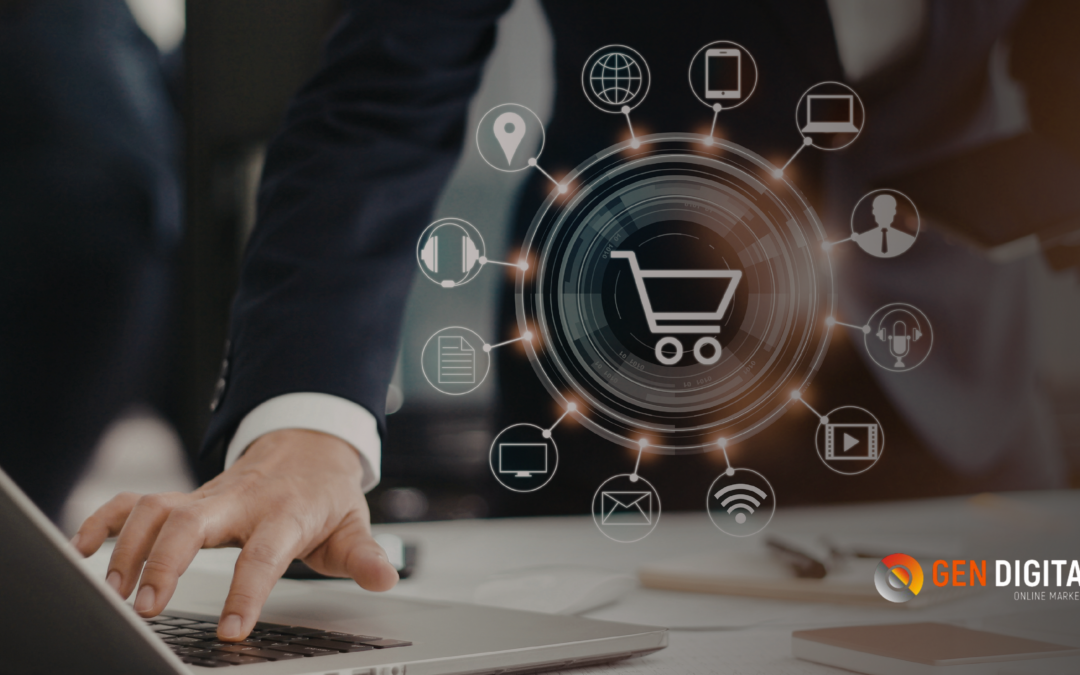 Profesional utilizando laptop con iconos digitales conectados que representan la integración de social media con objetivos comerciales