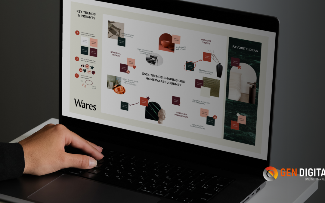 Persona utilizando una laptop con un panel de análisis de tendencias e insights digitales, representando el impacto del social media en el SEO y el crecimiento de las búsquedas de marca.