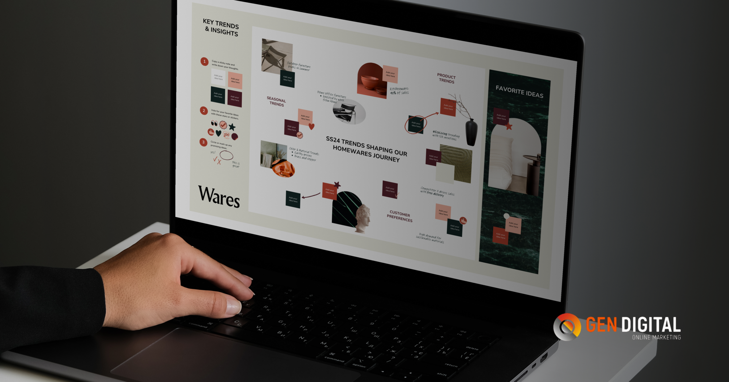 Persona utilizando una laptop con un panel de análisis de tendencias e insights digitales, representando el impacto del social media en el SEO y el crecimiento de las búsquedas de marca.