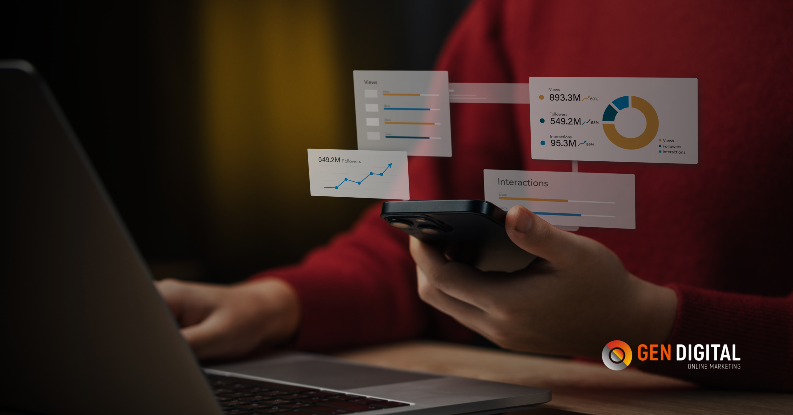 Persona revisando métricas de redes sociales en un smartphone con gráficos de engagement y rendimiento digital