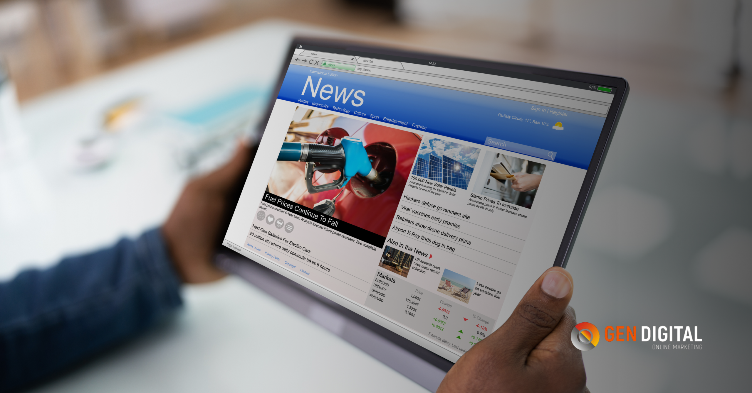 Persona sosteniendo una tablet con un portal de noticias digitales, representando la relación entre social media y SEO para aumentar la visibilidad y las búsquedas de marca en Google.