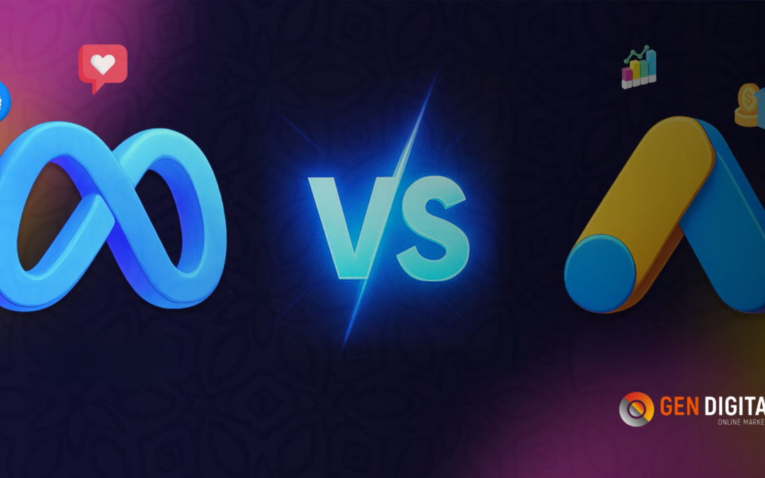 Comparación entre Meta Ads y Google Ads representada por los logotipos de ambas plataformas publicitarias para analizar cuál ofrece mejores resultados según los objetivos de cada negocio.