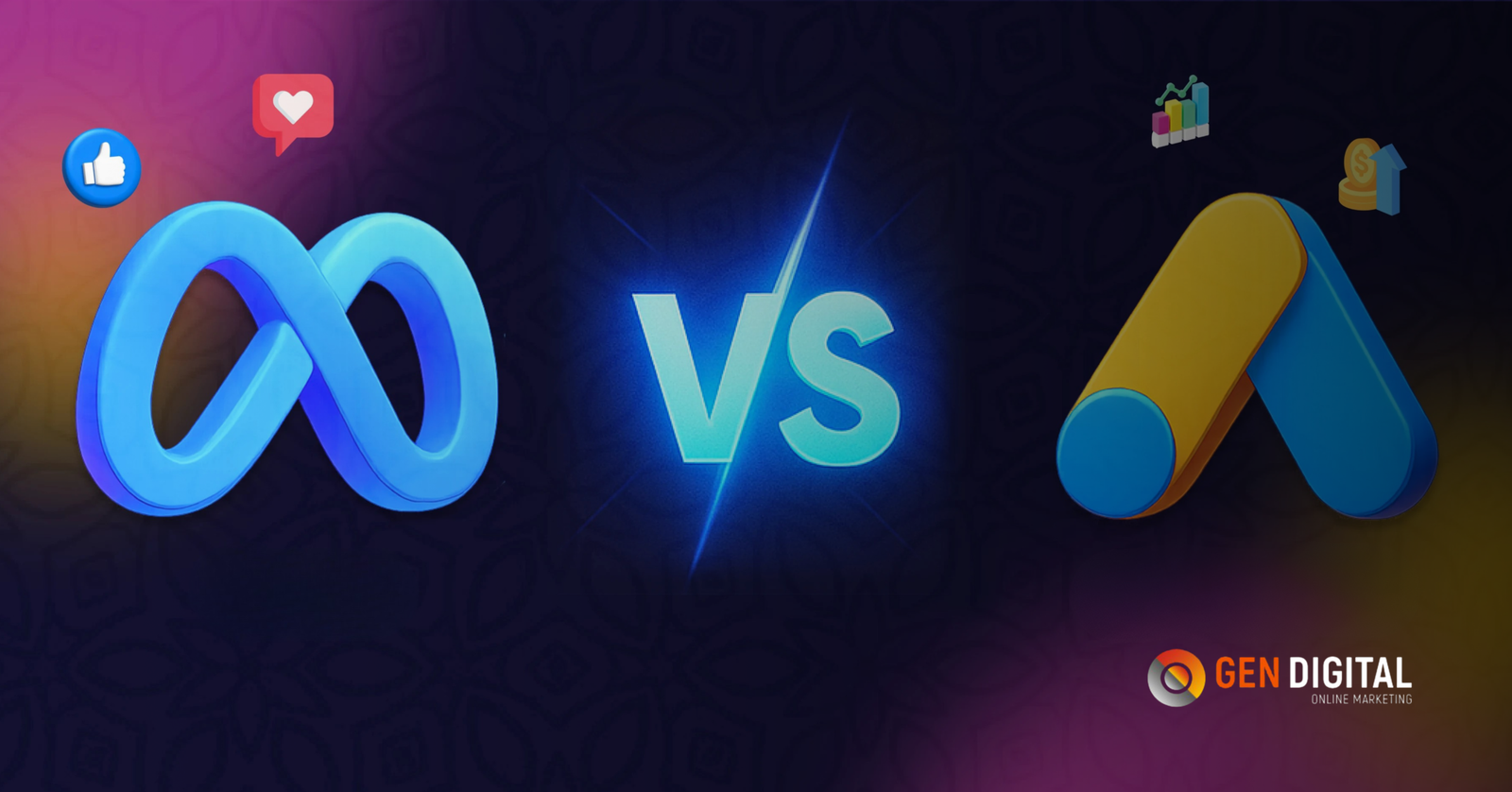 Comparación entre Meta Ads y Google Ads representada por los logotipos de ambas plataformas publicitarias para analizar cuál ofrece mejores resultados según los objetivos de cada negocio.