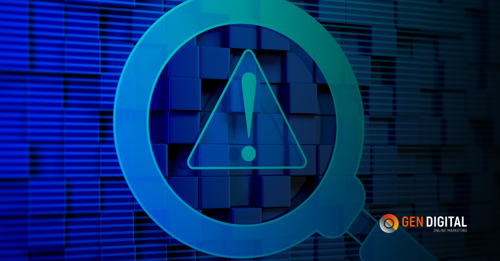 Ilustración de una lupa con símbolo de advertencia sobre fondo digital azul, representando errores, riesgos y auditorías en estrategias de marketing digital y campañas publicitarias.