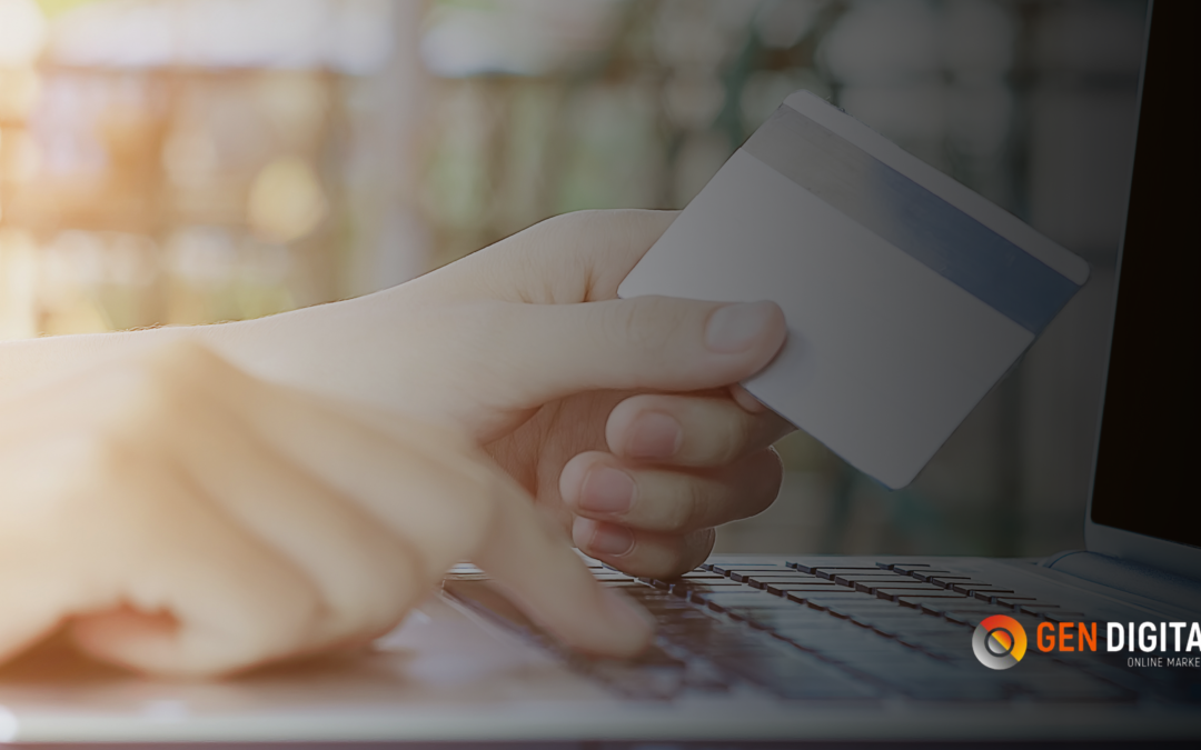 Persona realizando una compra en línea con tarjeta de crédito desde una laptop, representando estrategias de conversión y publicidad digital para generar ventas