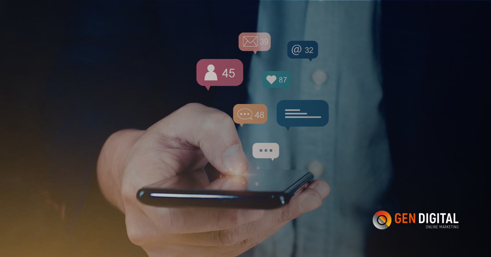 Persona utilizando un smartphone con iconos de redes sociales y notificaciones, representando la estrategia de Social Media y Ads para combinar contenido orgánico y publicidad digital y aumentar las ventas.