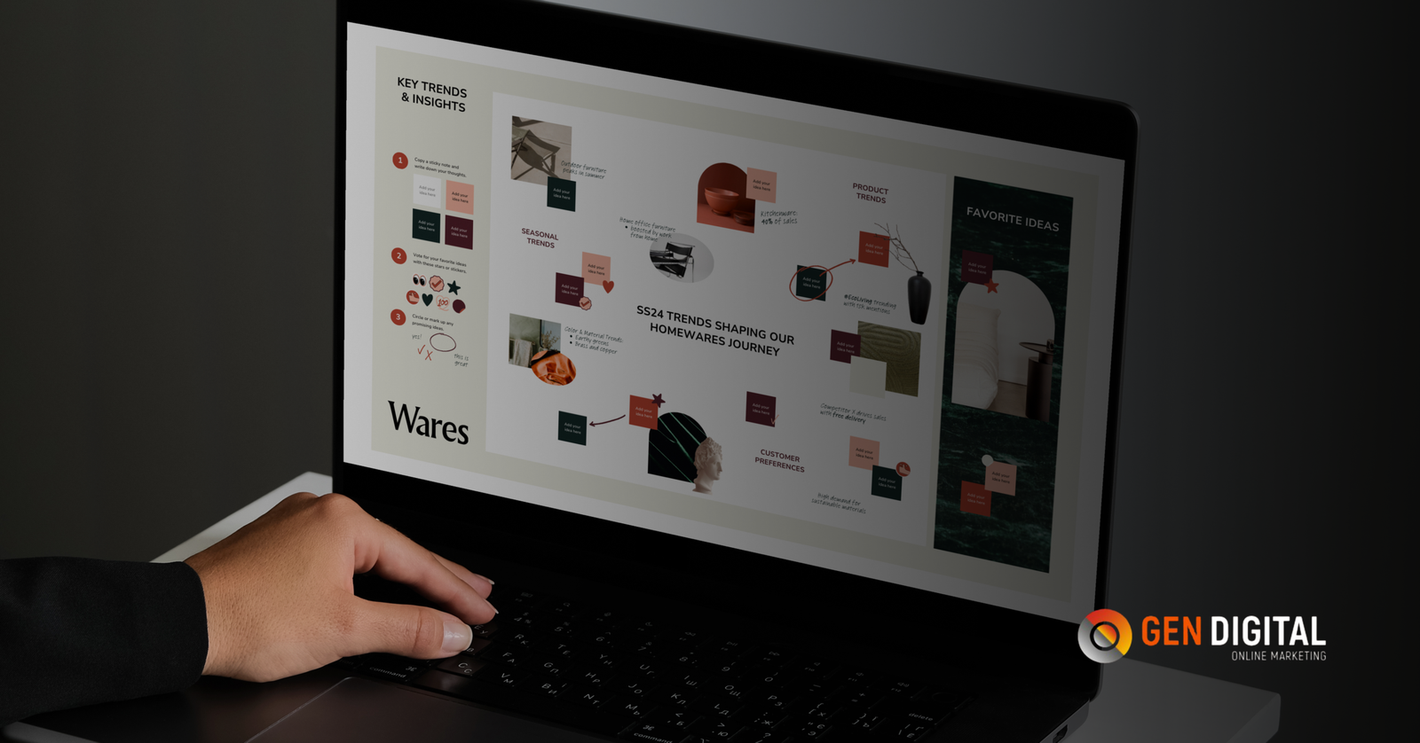 Persona revisando una presentación de estrategia digital y análisis de tendencias en una laptop, representando cómo una marca puede perder valor sin una estrategia digital sólida.