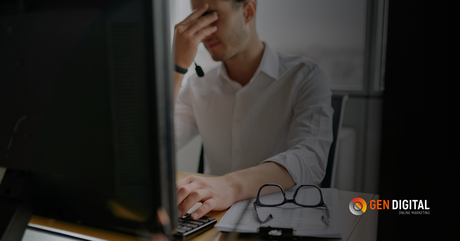Profesional frente a una computadora evidenciando los errores que pueden afectar el posicionamiento y la reputación de una marca en entornos digitales.