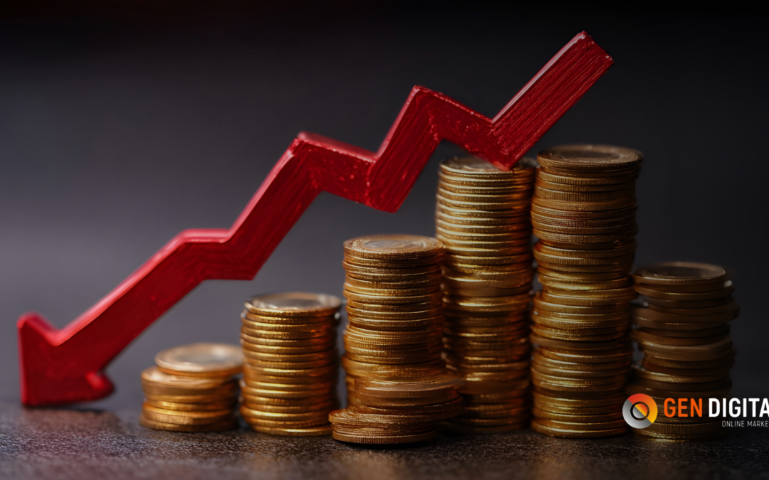 Gráfico de crecimiento con monedas apiladas que representa cómo una estrategia de branding impulsa la conversión digital y el crecimiento del negocio.