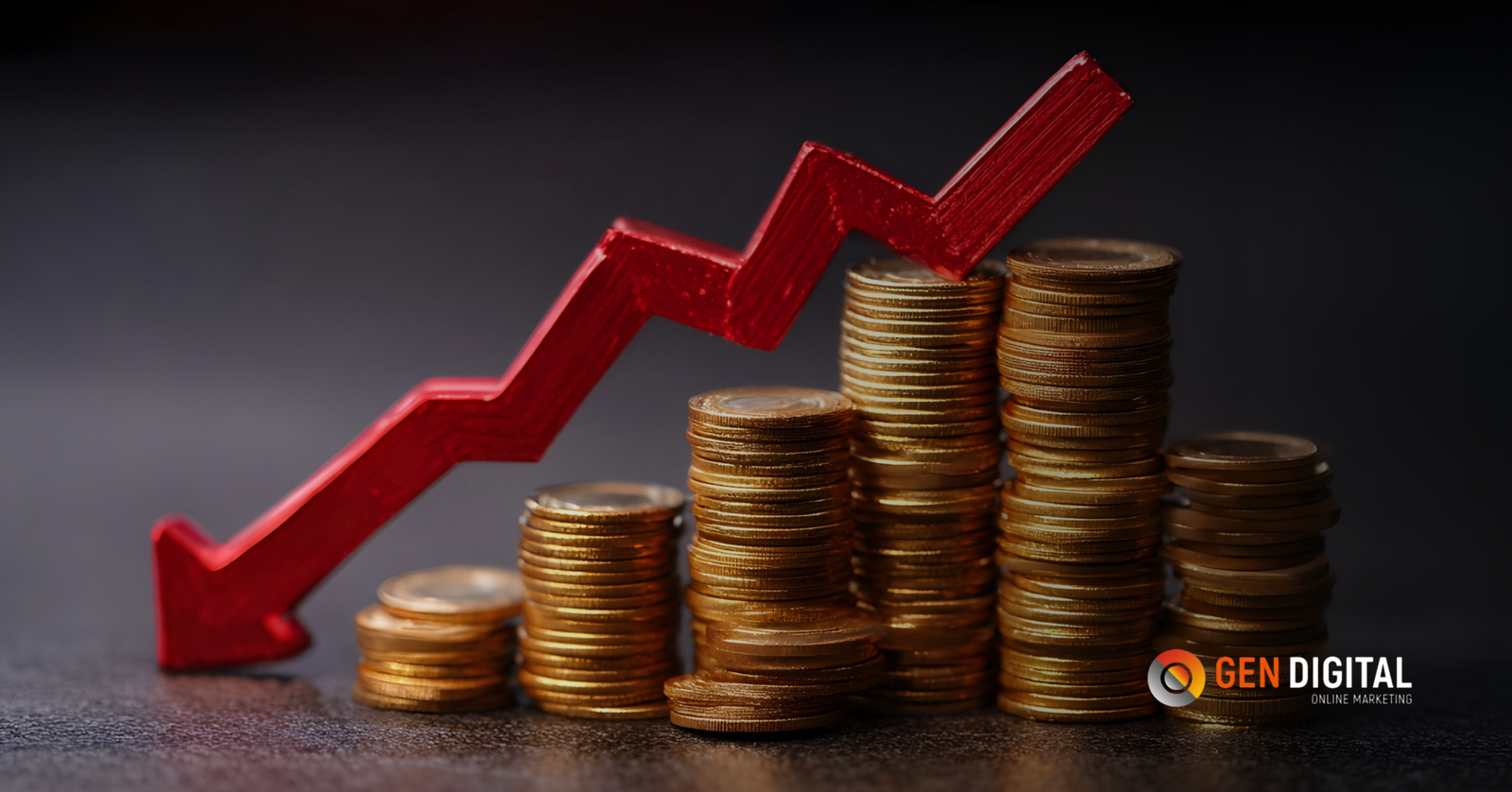 Gráfico de crecimiento con monedas apiladas que representa cómo una estrategia de branding impulsa la conversión digital y el crecimiento del negocio.